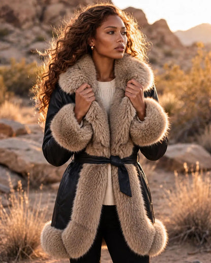 CLAPC0018: Women's Faux Leather Coat, Faux Fur Contrast Trim