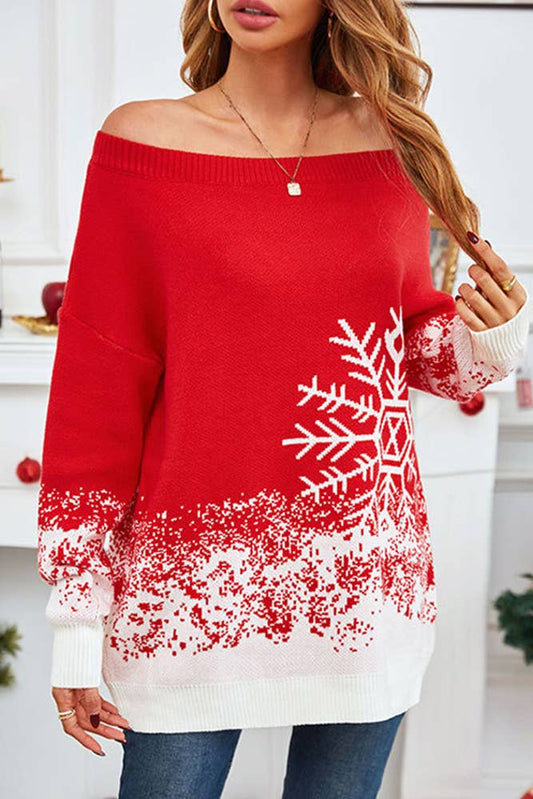 Red Off Shoulder Christmas Pattern Sweater SF102