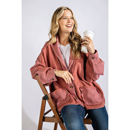 COTTON FRENCH TERRY MINERAL WASHED JACKET: Brick / L