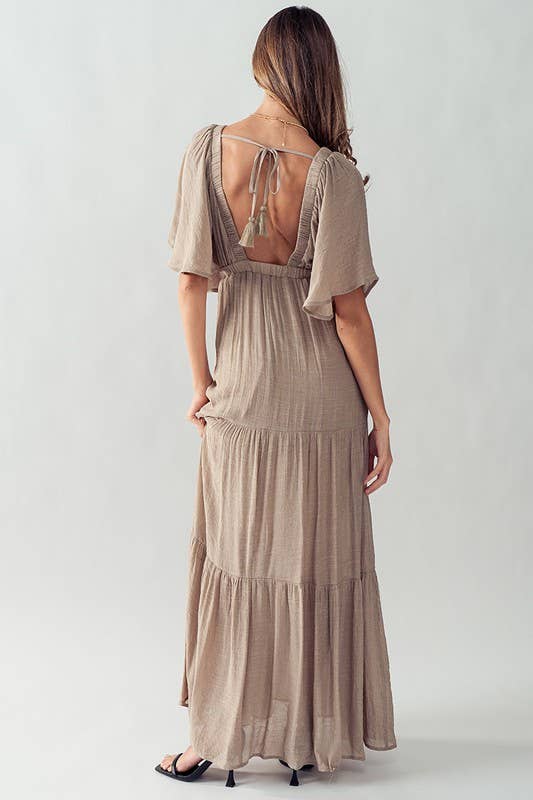 DEEP V NECK TIERED MAXI DRESS: BLACK