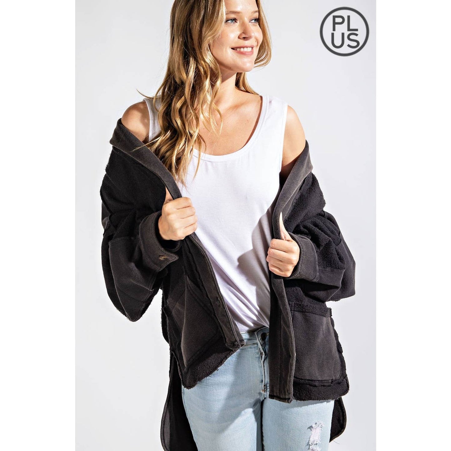 PLUS COTTON FRENCH TERRY MINERAL WASHED JACKET: Mocha / 3X