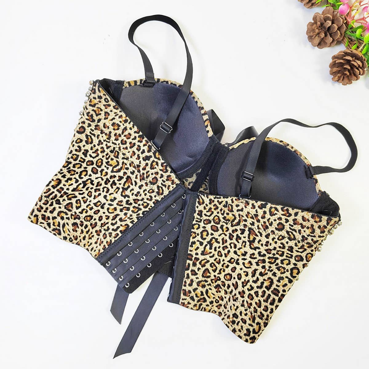 LEOPARD PRINT BOW HERRINGBONE BRA WITH RHINESTONES_CWMM4176