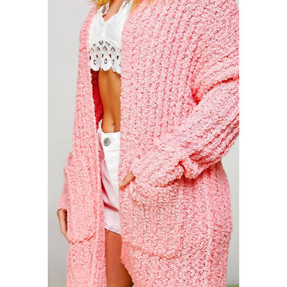 RIBBED POPCORN KNIT LONG OPEN HOODIE CARDIGAN: Adobe / ML