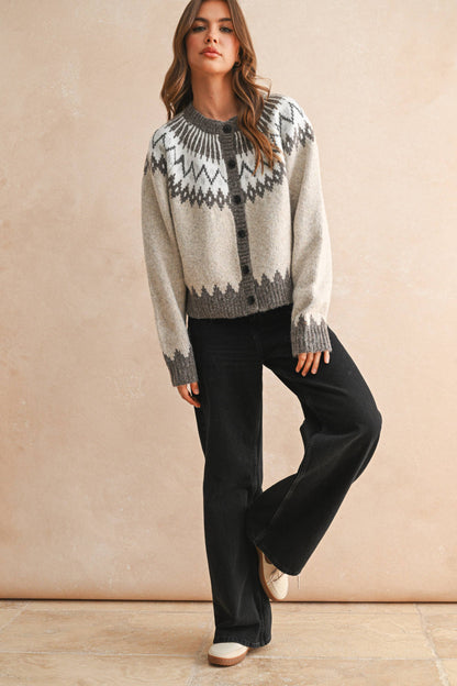 J5314   BUTTON FRONT PATTERN KNITTED CARDIGAN
