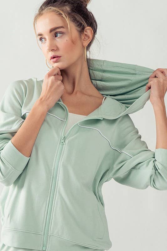 KJR11898 HOODED ZIP UP OUTER SEAM SWEATER: SURF SPRAY / S-2/M-2/L-2