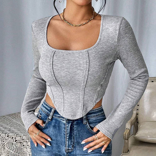 Corset Square Neck Ribbed Knit Long Sleeve Cropped Blouse: Gray / M