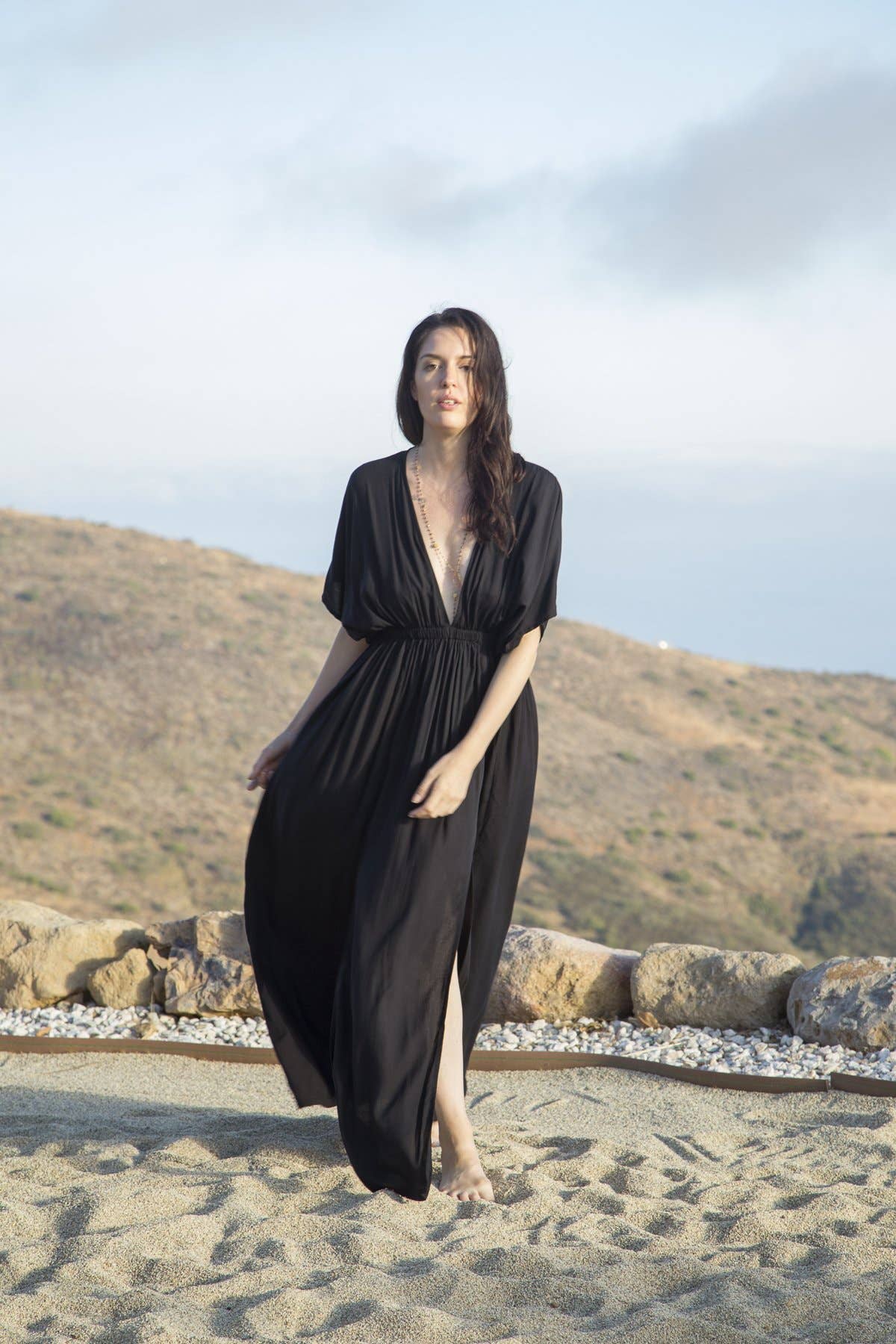 Amy Kimono Maxi Slit Dress in Santorini Solids, Long Bohemia: Black