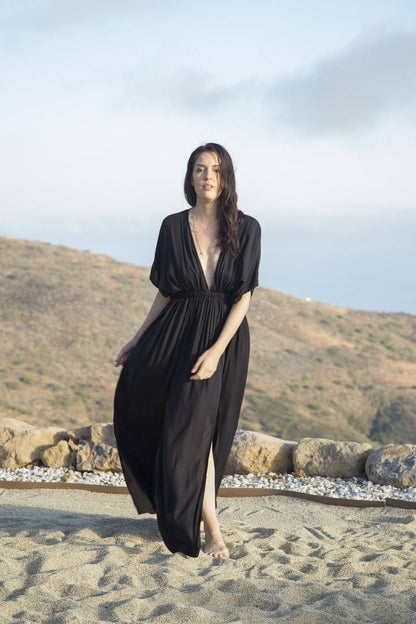 Amy Kimono Maxi Slit Dress in Santorini Solids, Long Bohemia: Black