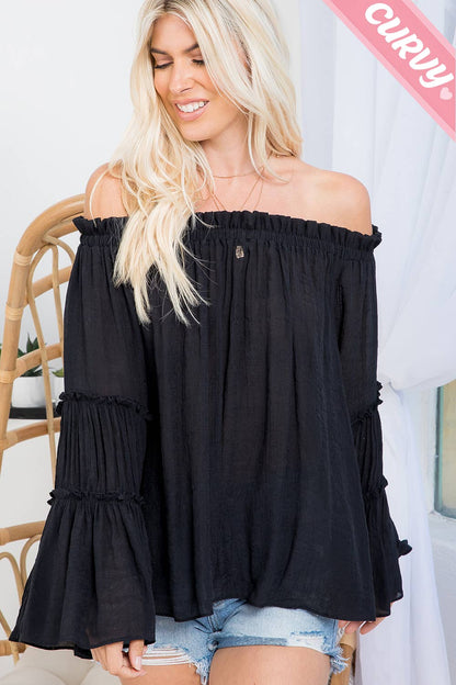 PLUS SIZE  OFF SHOULDER TIERED SLEEVE TOP: ICE BLUE / Plus Size / 1XL