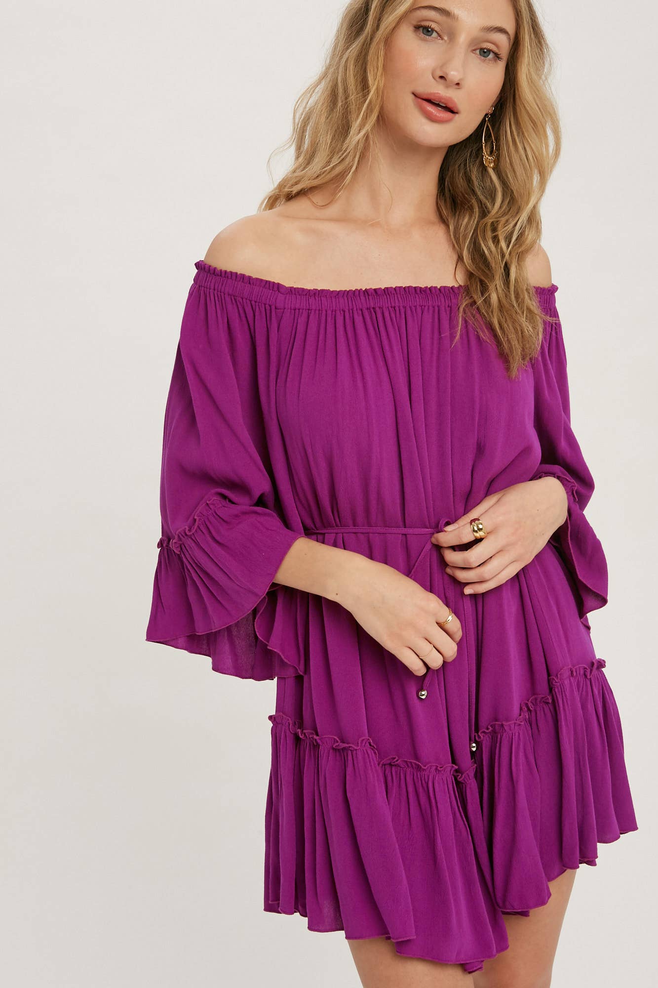 RUFFLED SOLID BOHO DRESS: ORCHID / M