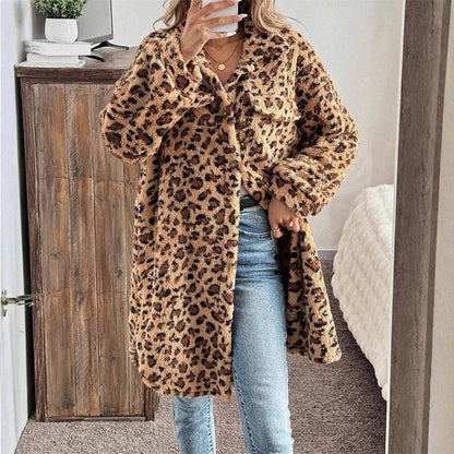 Women Oversized Leopard Print Faux Fur Mid-Length Coat