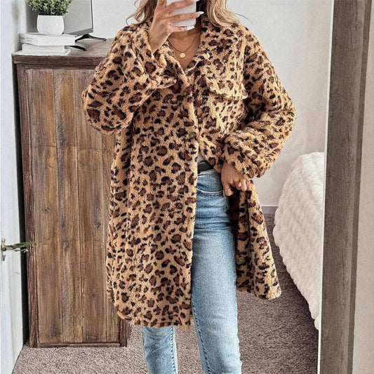 Women Oversized Leopard Print Faux Fur Mid-Length Coat
