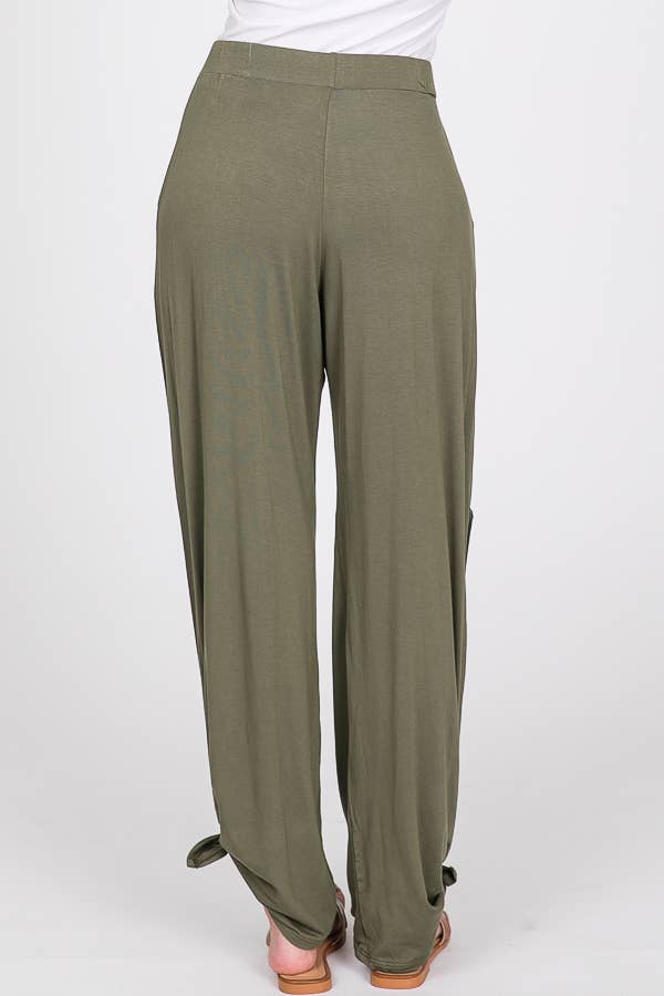 Solid Elastic Waist Side Slit Ankle Tie Pants P1462