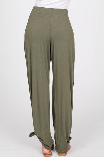 Solid Elastic Waist Side Slit Ankle Tie Pants P1462