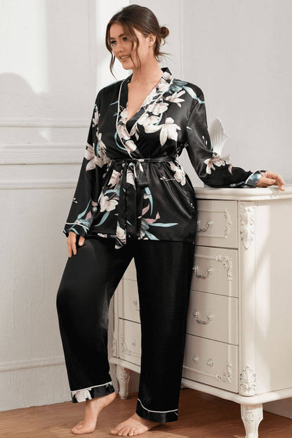 Plus Size Floral Belted Robe and Pants Pajama Set: Black / 3XL