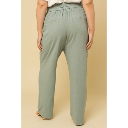 PLUS SIZE PAPERBAG WAIST TIE BELT WIDE LEG PANTS: SAGE / 2X