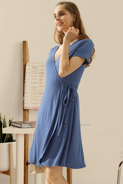 CWDSD10372_V NECK CASUALSHORT SLEEVE WRAP DRESSES