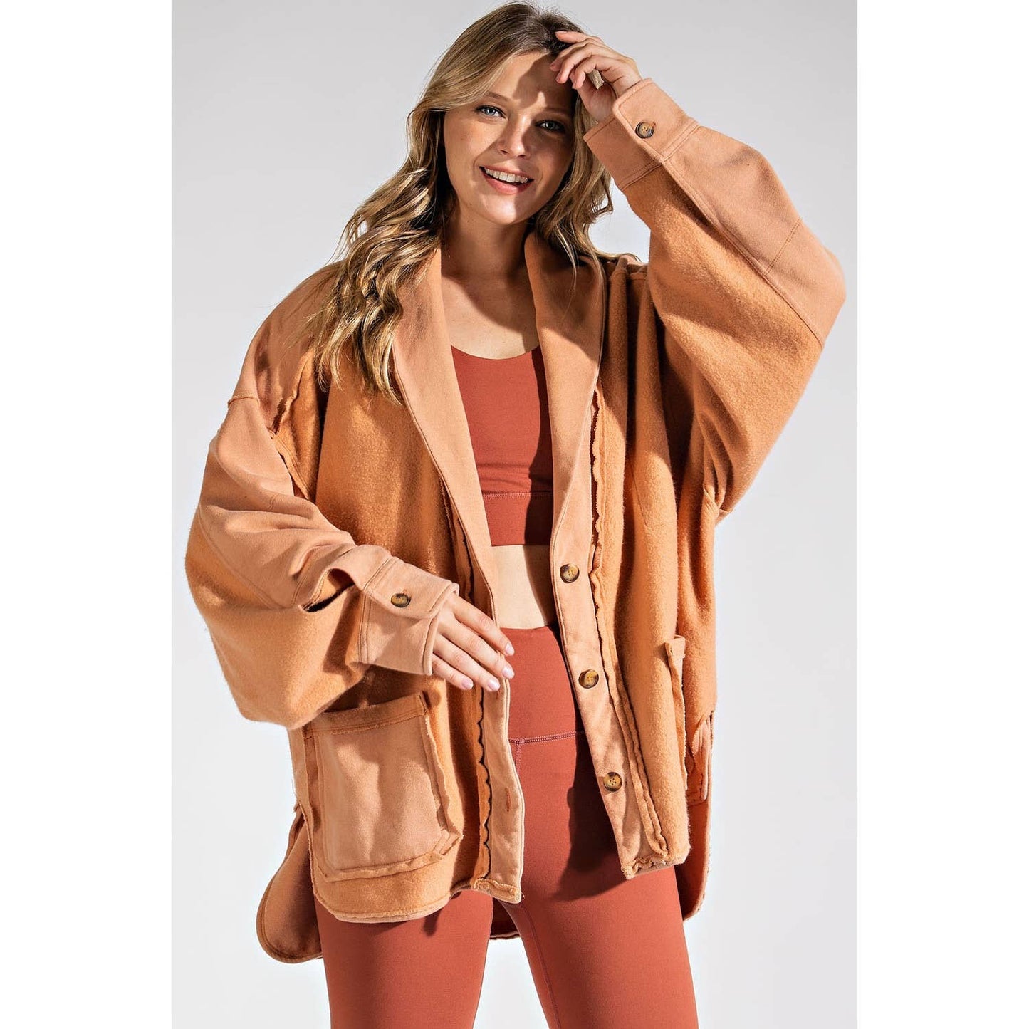 COTTON FRENCH TERRY MINERAL WASHED JACKET: Brick / S