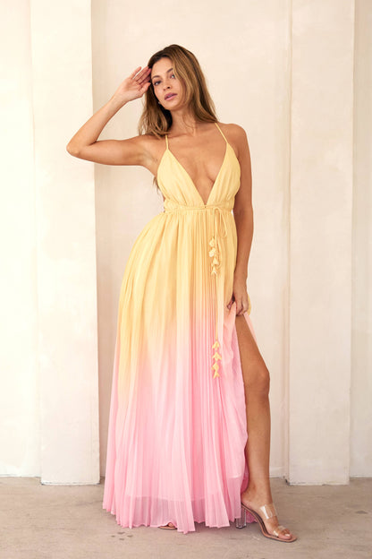 LD1225 Plunge Neckline Pleated Maxi Dress: Yellow Pink Ombre / Contemporary / L