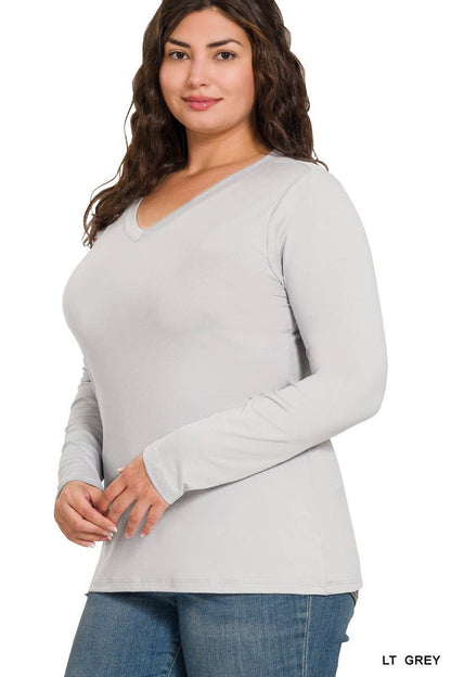 Plus Size Brushed Microfiber Long Sleeve V-neck Tee