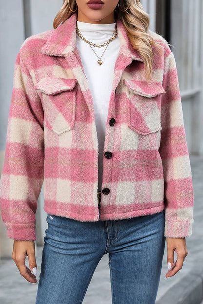 Plaid Button Pockets Fleece Shacket GZDY016