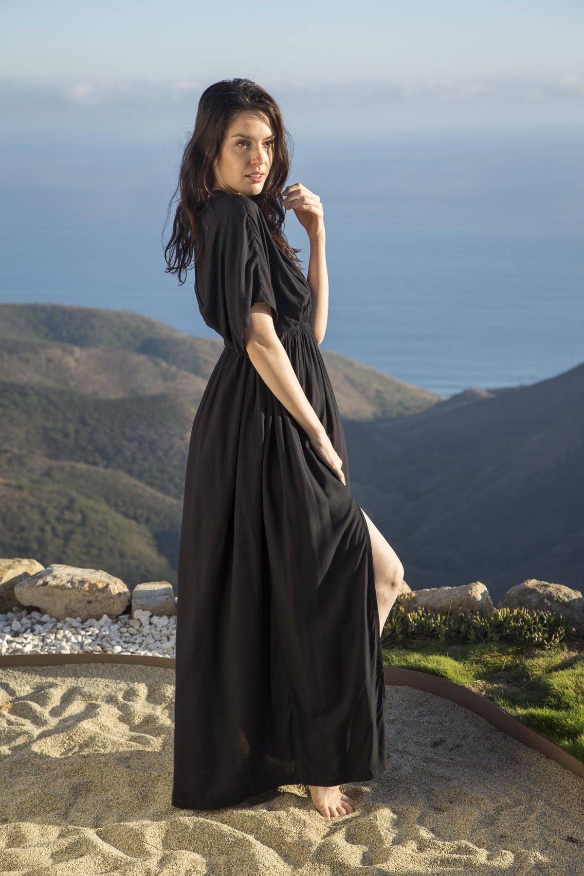 Amy Kimono Maxi Slit Dress in Santorini Solids, Long Bohemia: Black
