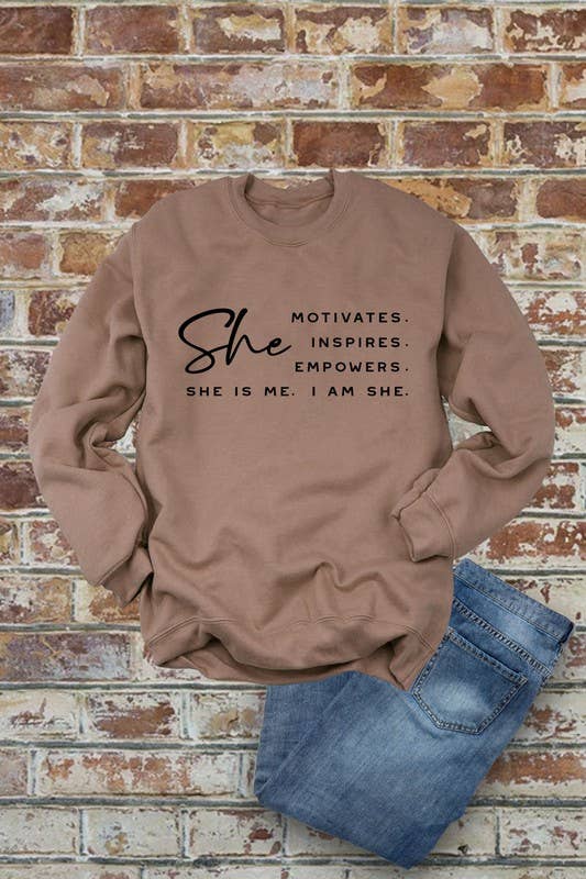 She Motivates  (large)Pure Brown Sugar Extra Fine, Unisex Crewneck Fleece Sweatshirts: Black / L
