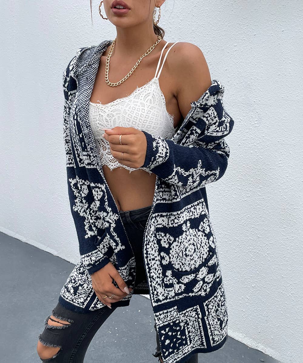 Navy blue floral pattern hooded cardigan with pockets: M