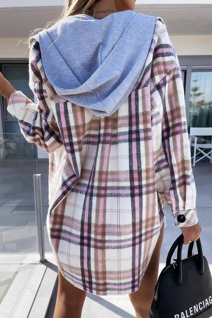 Plaid Single-breasted Detachable Hooded Shacket TOPW1575