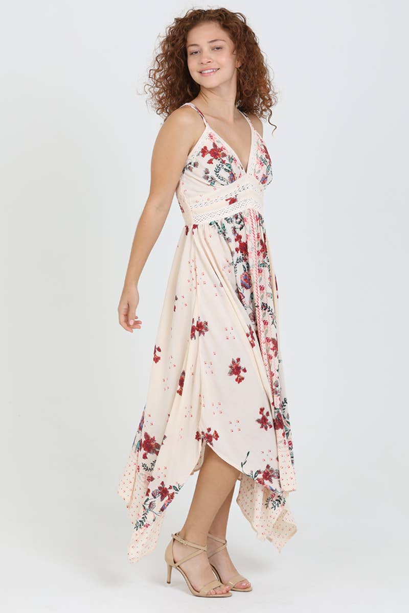 C4B17-A652 V NECK HANKY HEM MIDI DRESS WITH LACE WAIST