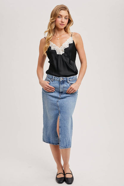 LACE-TRIMMED SATIN V-NECK CAMISOLE TOP
