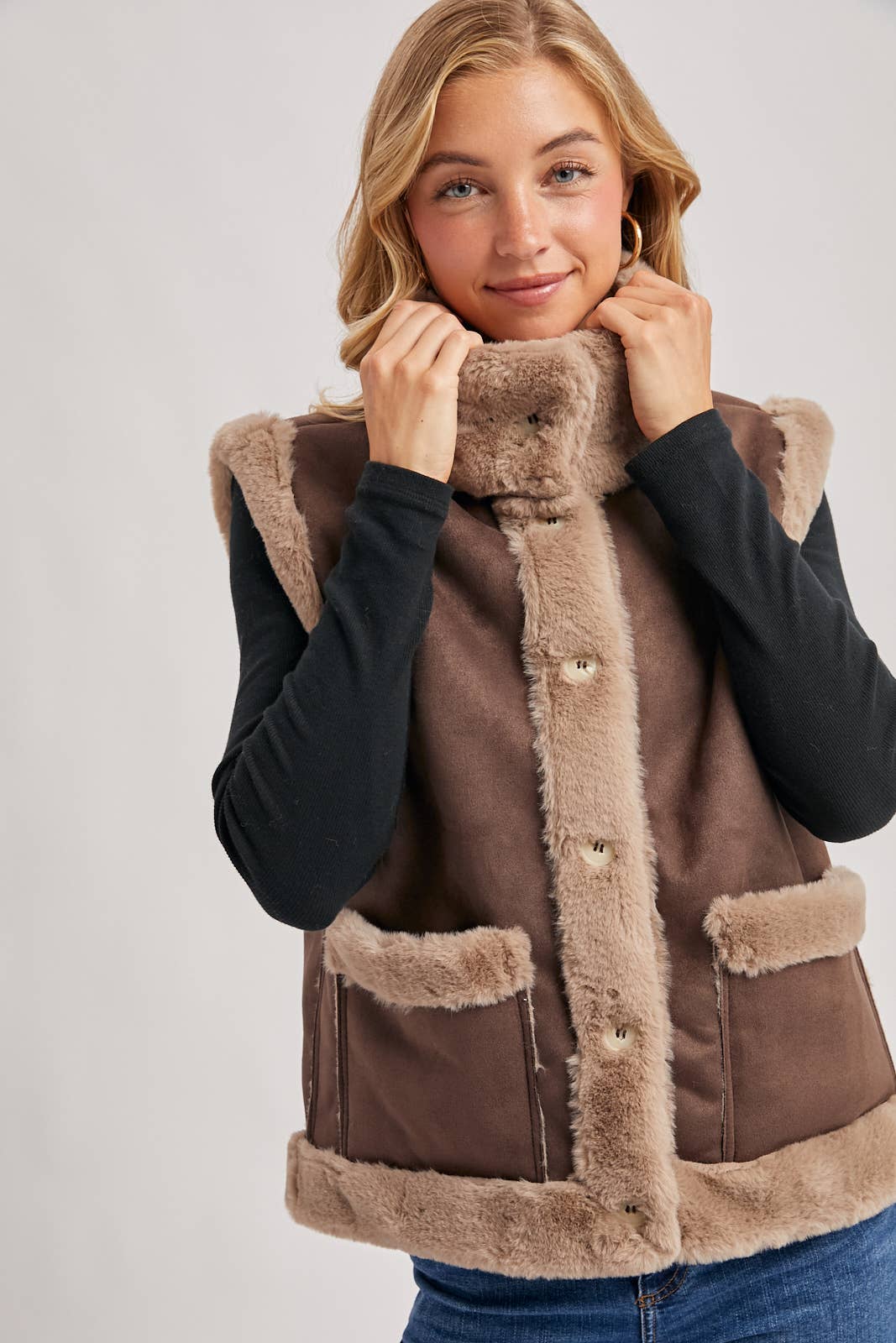 FAUX SUEDE WITH FAUX SHEARLING LINING TRIM VEST