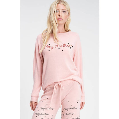 Merry Christmas print soft lounge wear set: Heather Grey / S