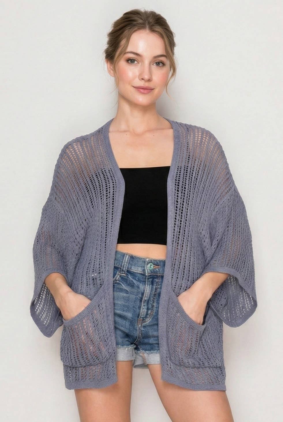 FISHNET KNIT SHORT SLEEVE KIMONO CARDIGAN-CEJ2144