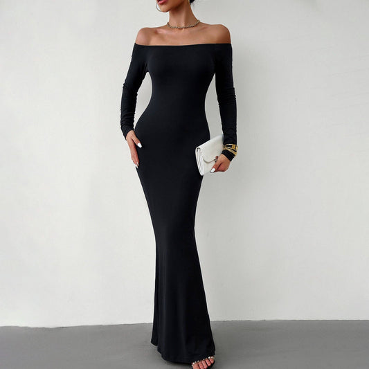 Long Sleeve  Maxi Dress: Black / L Off Shoulder Solid Longline Lounge