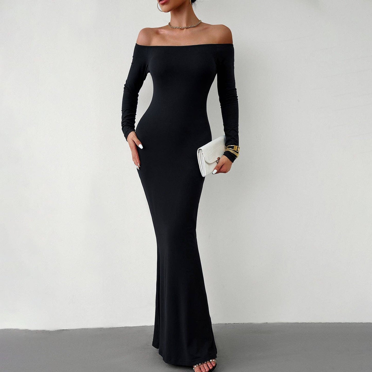 Long Sleeve Maxi Dress: Black / XL Off Shoulder Solid Longline Lounge
