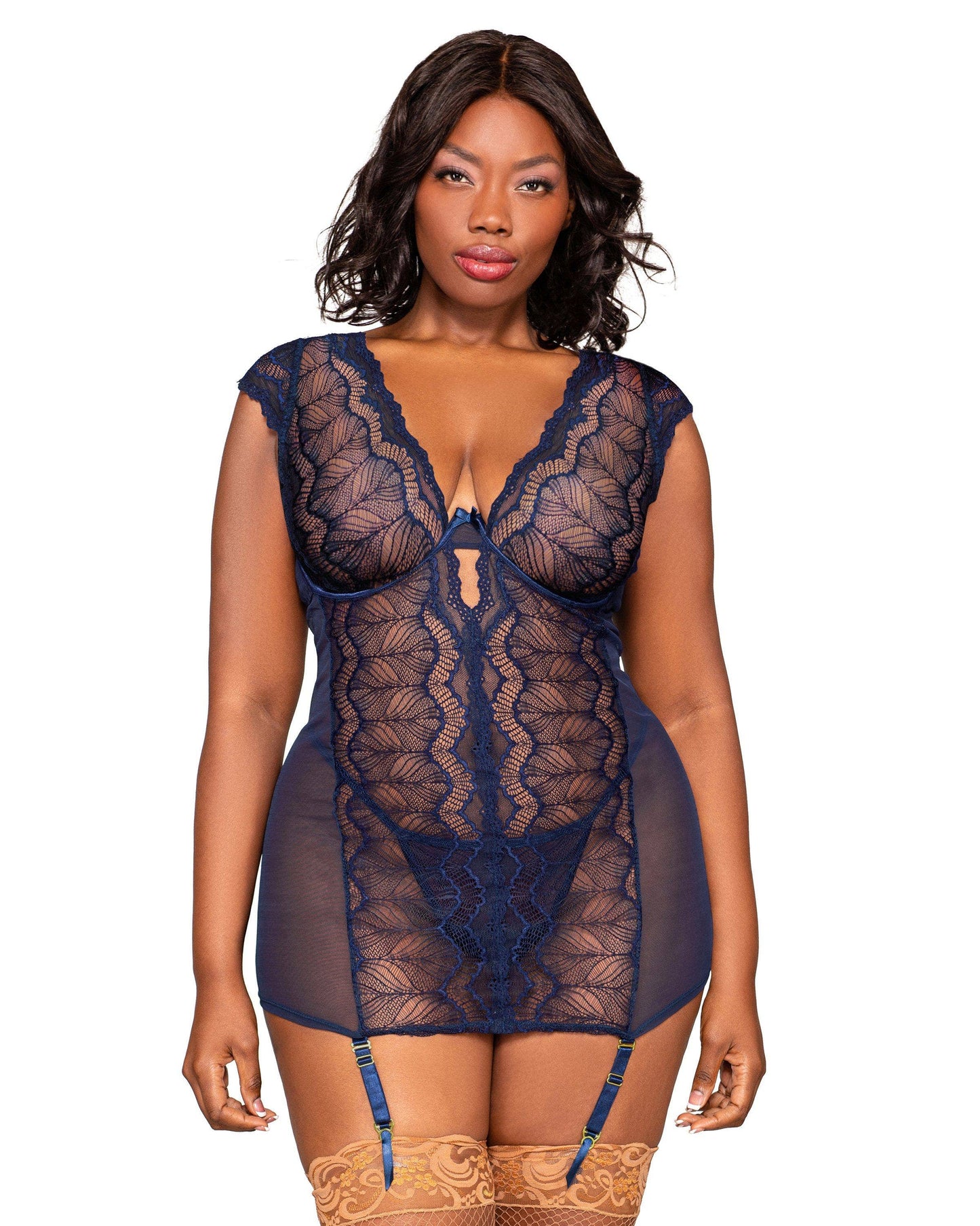 Plus Size Lace & Mesh Garter Slip Set with Plunging Neckline: Nocturnal / 1X