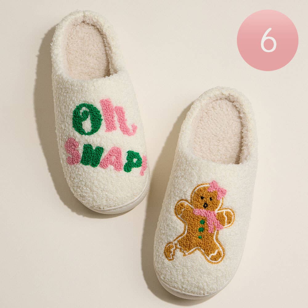 6Pairs - Oh Snap Message Gingerbread Plush Indoor Slippers