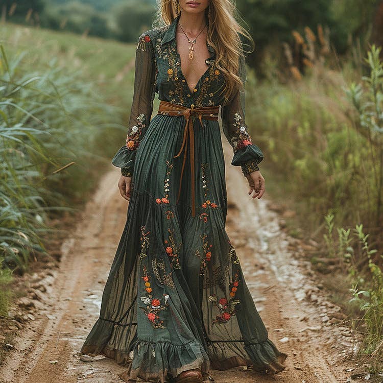 Women's Bohemian Floral Print Long Sleeve Maxi Dress