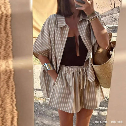 Summer Striped Shirt Pocket Shorts Loose Casual Set Women