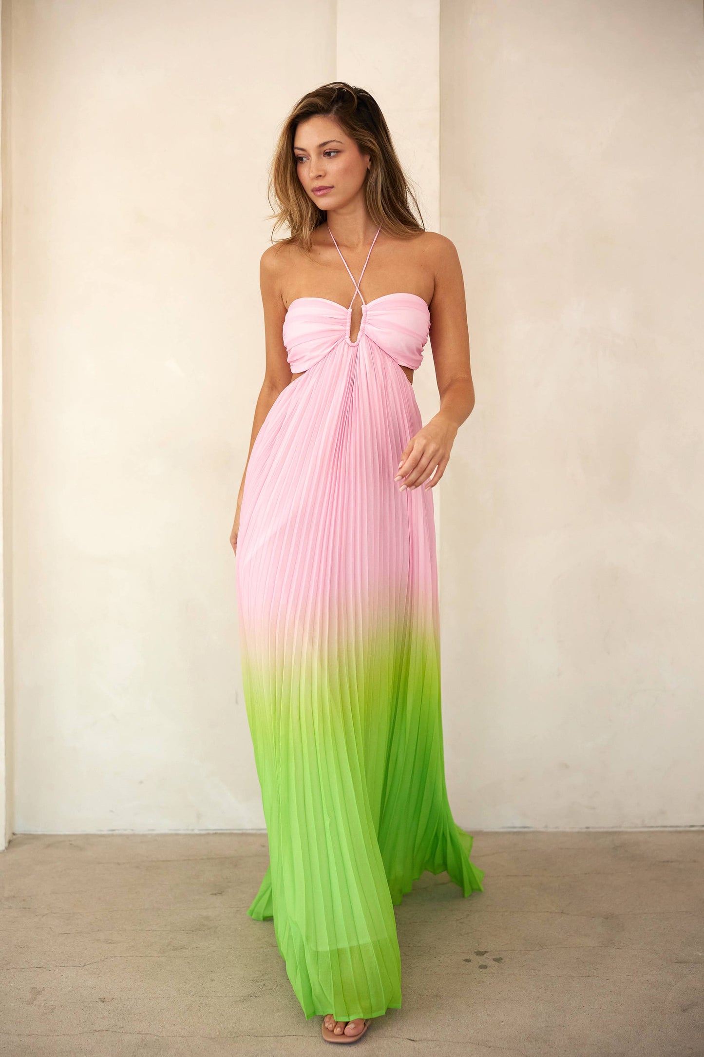 LD1065 Sweetheart neck pleated maxi halter dress: Pink/Lime / Contemporary / S