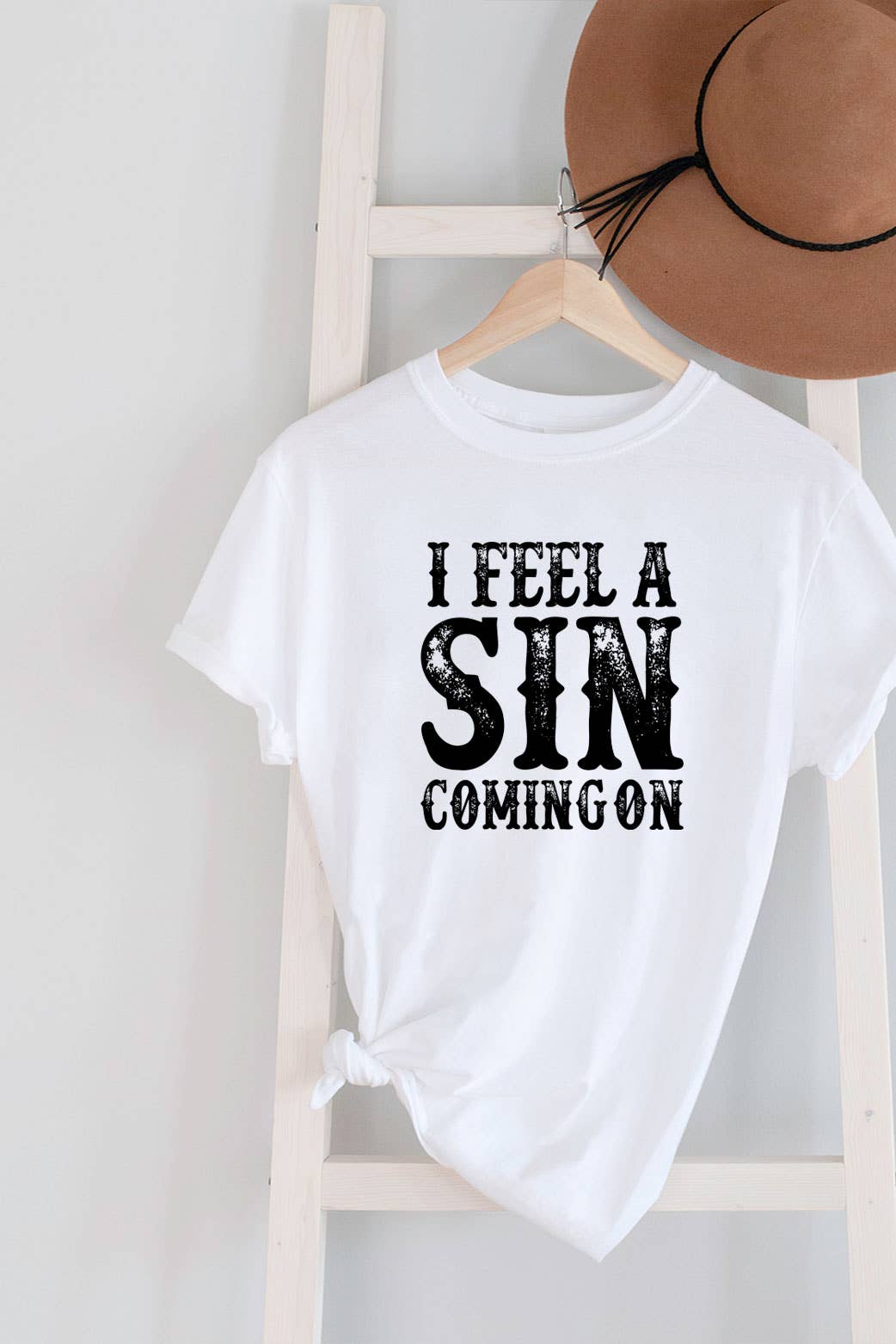 I Feel a SIN Coming On large , UNISEX Round Neck T-Shirt: Black / L
