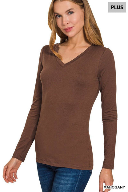 Plus Size Brushed Microfiber Long Sleeve V-neck Tee
