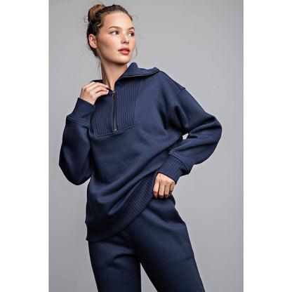 FRENCH TERRY RIBBED MOCK NECK PULLOVER: Sky Blue / M