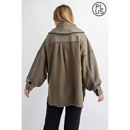 PLUS COTTON FRENCH TERRY MINERAL WASHED JACKET: Mocha / 1X