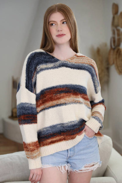 XHP97-ASIS V NECK FUZZY STRIPED PULLOVER SWEATER