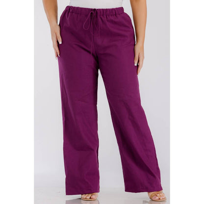 PLUS SIZE LINEN ELASTIC WAIST WIDE LEG PANTS: Black / 1X