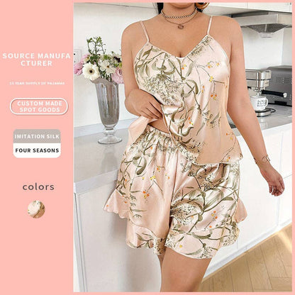 Women's Silk Print Camisole Pajama Set Summer Homewear