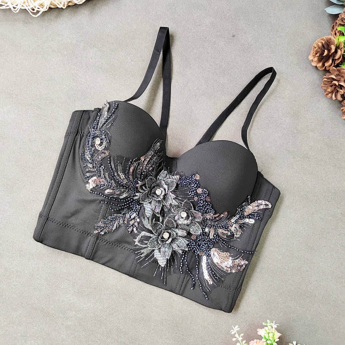 NEW EMBROIDERED FLOWER HERRINGBONE CORSET_CWMM4224