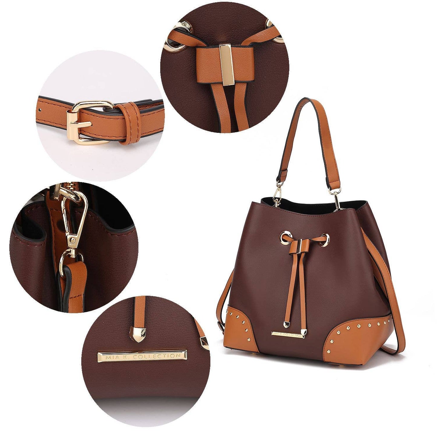 Candice Color Block Bucket Bag with matching Wallet by Mia K: Beige Coffee